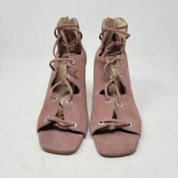 Vince Camuto | Nahara Leather Lace up Stacked Heel Shoes Blush Pink - Picture 3 of 13